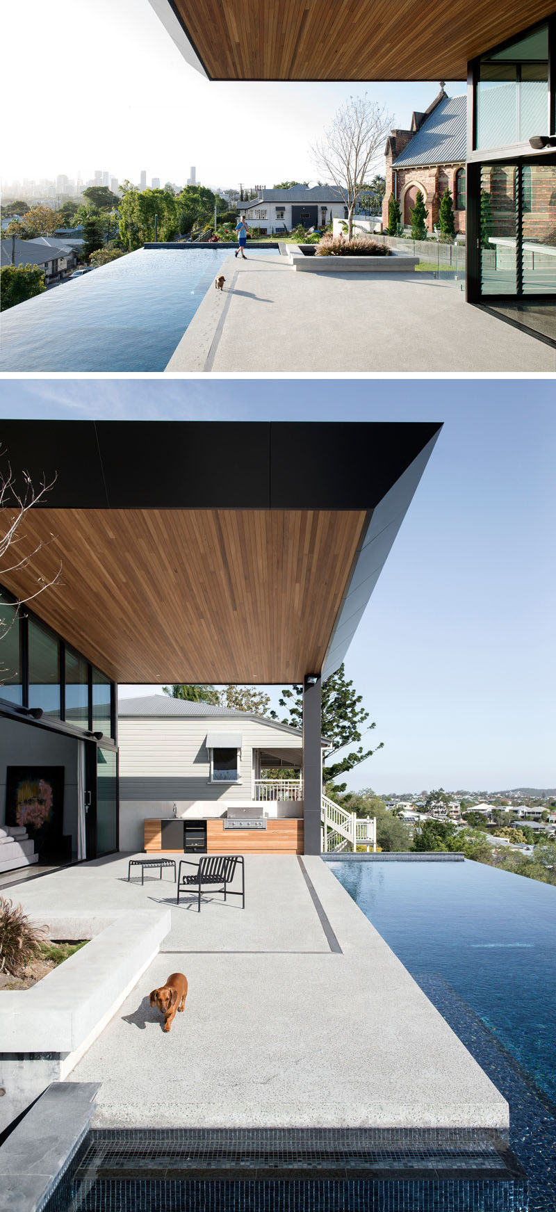 This Australian house has a patio with an outdoor kitchen, and the patio also acts as a deck for the swimming pool. #SwimmingPool #Patio