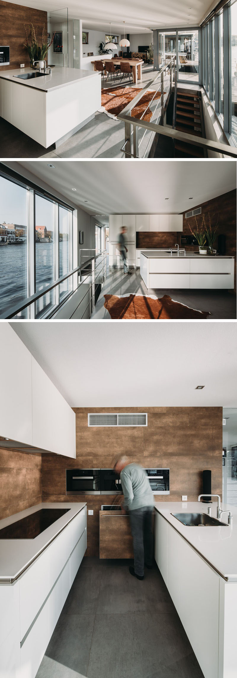 This modern houseboat has a kitchen that's minimalist in its design with hardware free white cabinets and matching countertops. #ModernKitchen #WhiteKitchen