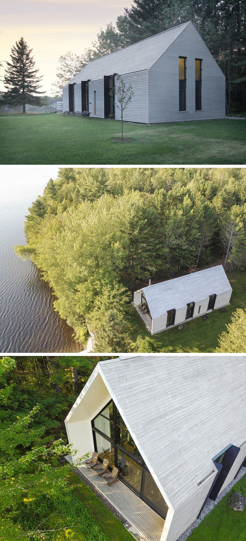 Architecture firm YH2 have designed a new modern vacation house that sits on the shores of Lac Plaisant in Quebec, Canada, and features an exterior of white cedar boards. #ModernHouse #WhiteCedar #WoodExterior