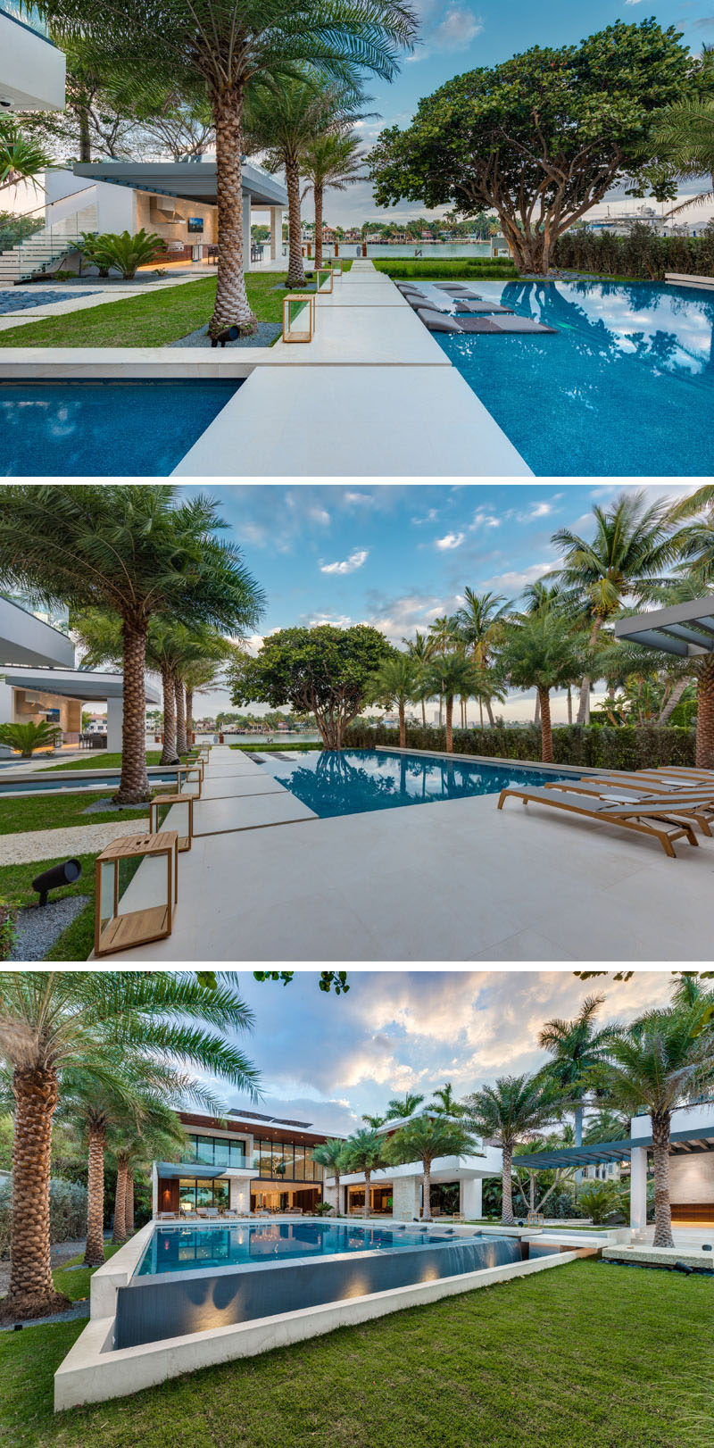 A backyard designed around a giant Banyan tree, has an over-sized infinity-edge pool, several reflecting ponds, and lounge seating.