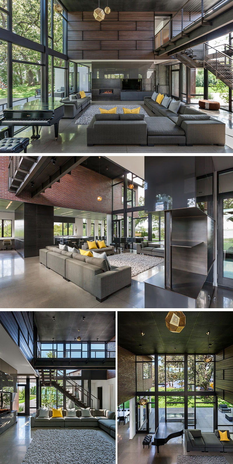Inside this modern industrial house, the living room has a two story atrium with glass walls on the north and south edges capturing daylight throughout the day and inviting views through the house to the trees and lake beyond. #ModernIndustrial #LivingRoom