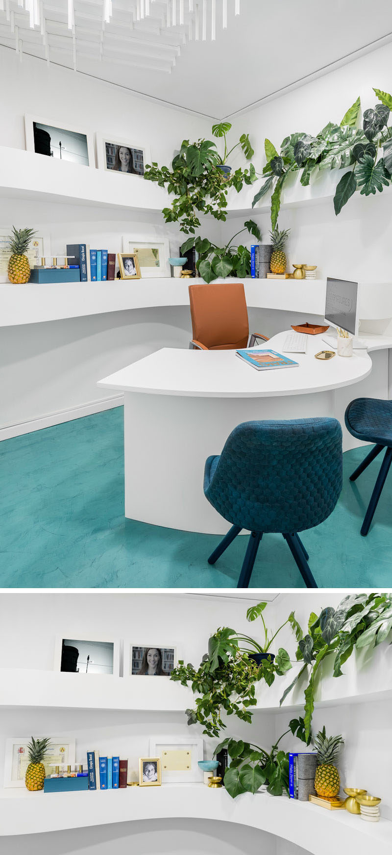 This modern office features curved white shelving that wraps around the corner. #CurvedShelving #CornerShelf #OfficeDesign #Office