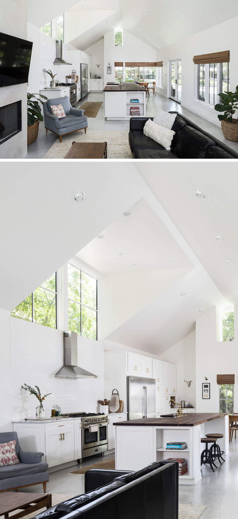 The living room, dining room and kitchen of this contemporary house all share the same open space with a pitched ceiling. The room is filled with natural light from the abundance of windows that look out onto the backyard. #Kitchen #Windows #OpenLivingSpace