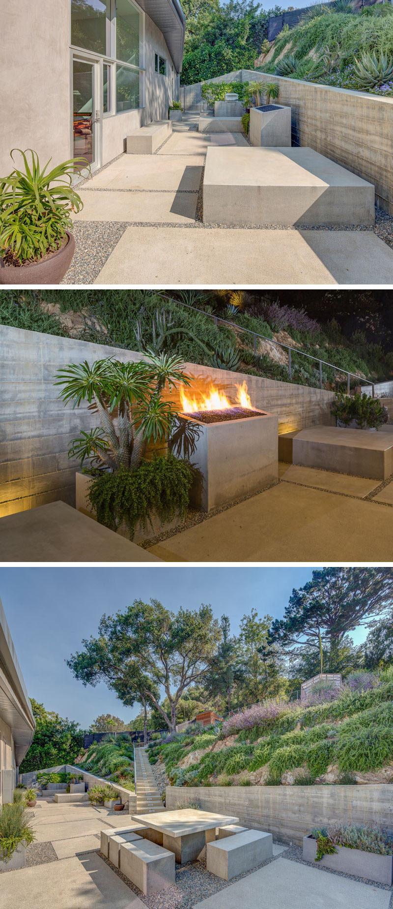 This modern house has a landscaped patio with various concrete blocks that create a variety of sitting options, and an outdoor fireplace. #ModernLandscaping #OutdoorFireplace