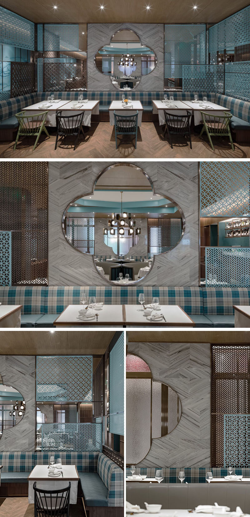 The main dining room in this modern restaurant has a seating area with banquette seating and a modern interpretation of a Chinese garden window. #BanquetteSeating #RestaurantDesign