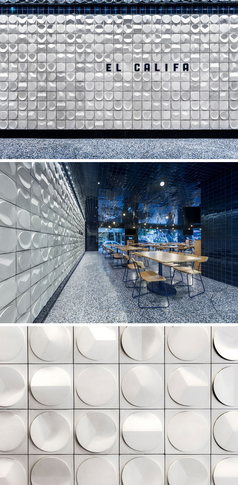 This modern taqueria restaurant features 3-dimensional tiles with the shapes similar to how people use tortillas in their cooking throughout Mexico. #RestaurantDesign #Tiles