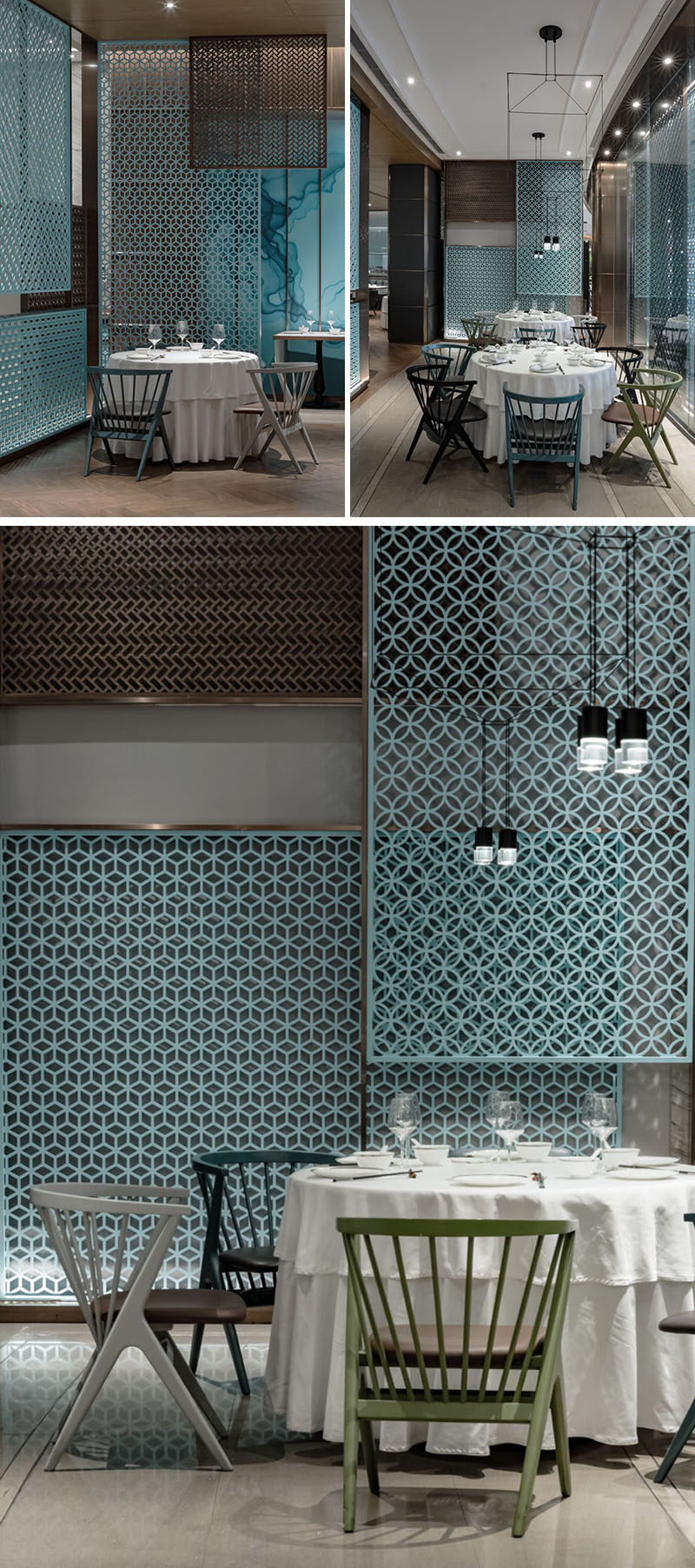 Throughout this modern restaurant, transparent decorative screens provide a patterned element to the interior. #DecorativeScreen #Pattern #RestaurantDesign