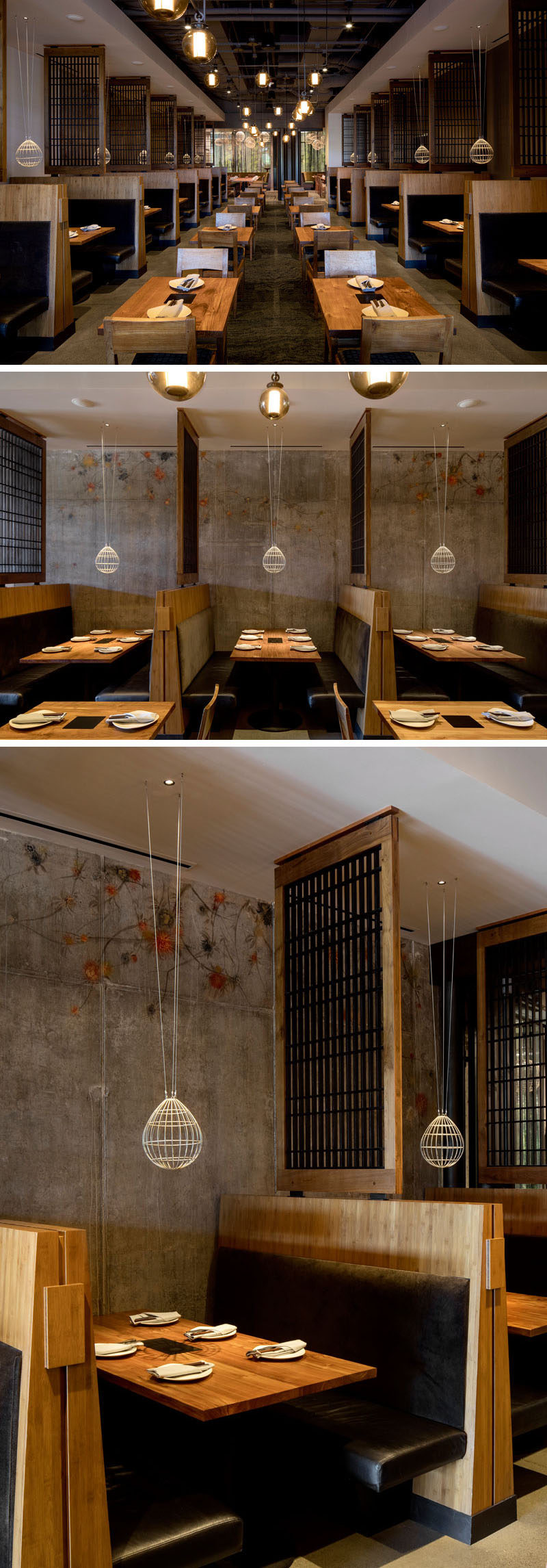 Slatted teak screens separate booths that line both sides of the dining area in this modern restaurant. #RestaurantDesign #BoothDesign