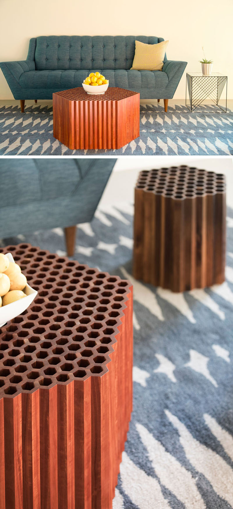 Furniture designer and maker Josh Neilsen, has created the Honeycomb Table, inspired by geometry in nature and made from hand-crafted hexagonal wood cells. #WoodCoffeeTable #SculpturalFurniture #Design