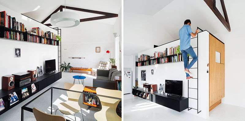 Vão arquitetura have renovated a 538 square foot (50m2) apartment in Brazil, that takes advantage of the pitched ceiling height to create a unique lofted sitting area. #SmallApartment #ApartmentDesign