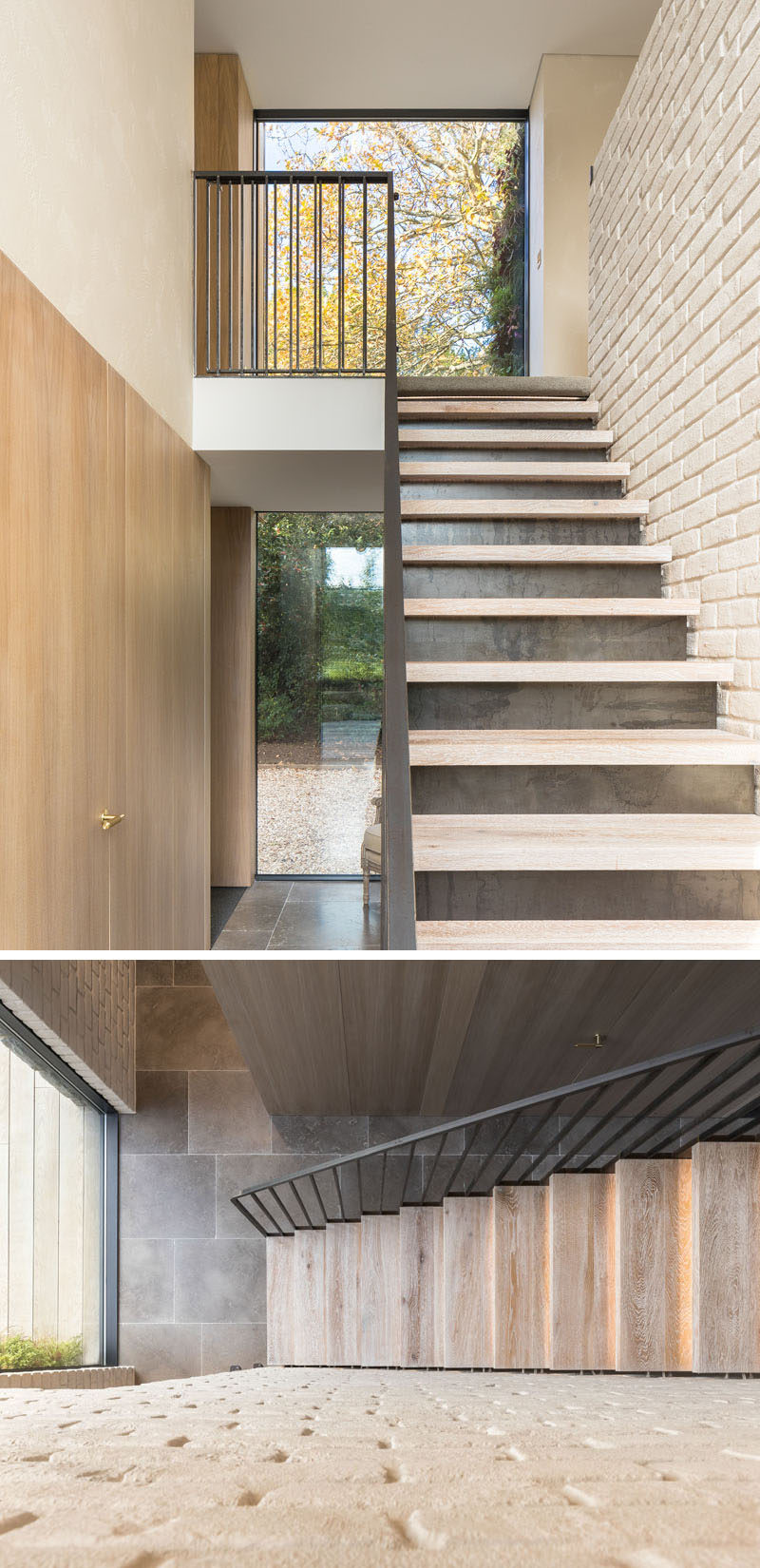 A bespoke raw steel staircase leads to the first floor of this modern house and it sits beside a wall of locally reclaimed brick that's been coated with lime slurry. #SteelStaircase #BrickWall