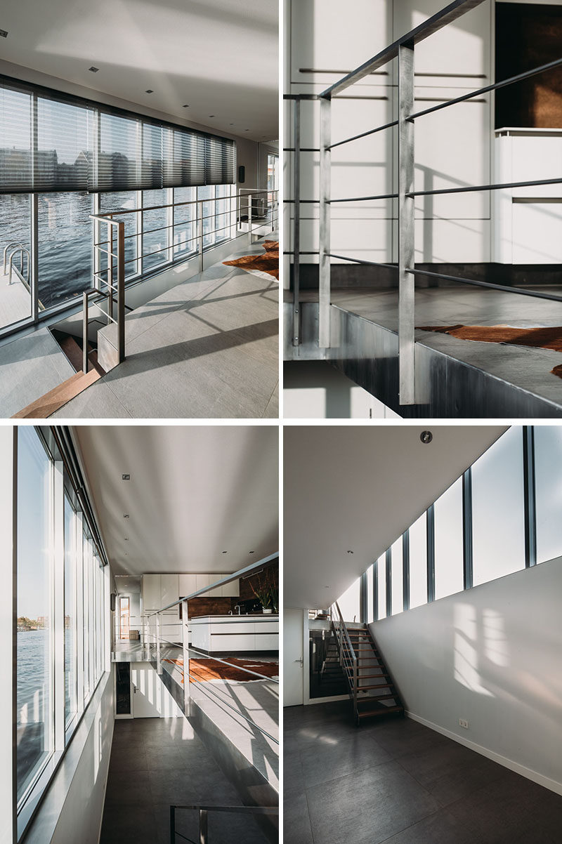 This modern houseboat has a staircase that leads down to the lower level with open space and a couple of bedrooms. #stairs #handrail 