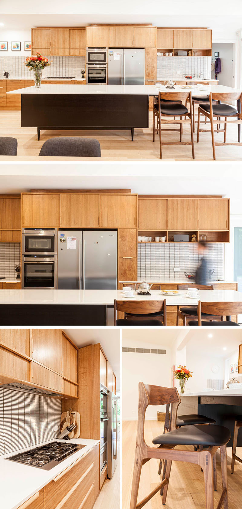 This bespoke, mid-century modern styled kitchen, that features an island with mid-century style legs, custom cabinetry with handmade drawer/cabinet pulls, and a tiled backsplash which adds texture to the room. #WoodKitchen #MicCenturyModernKitchen