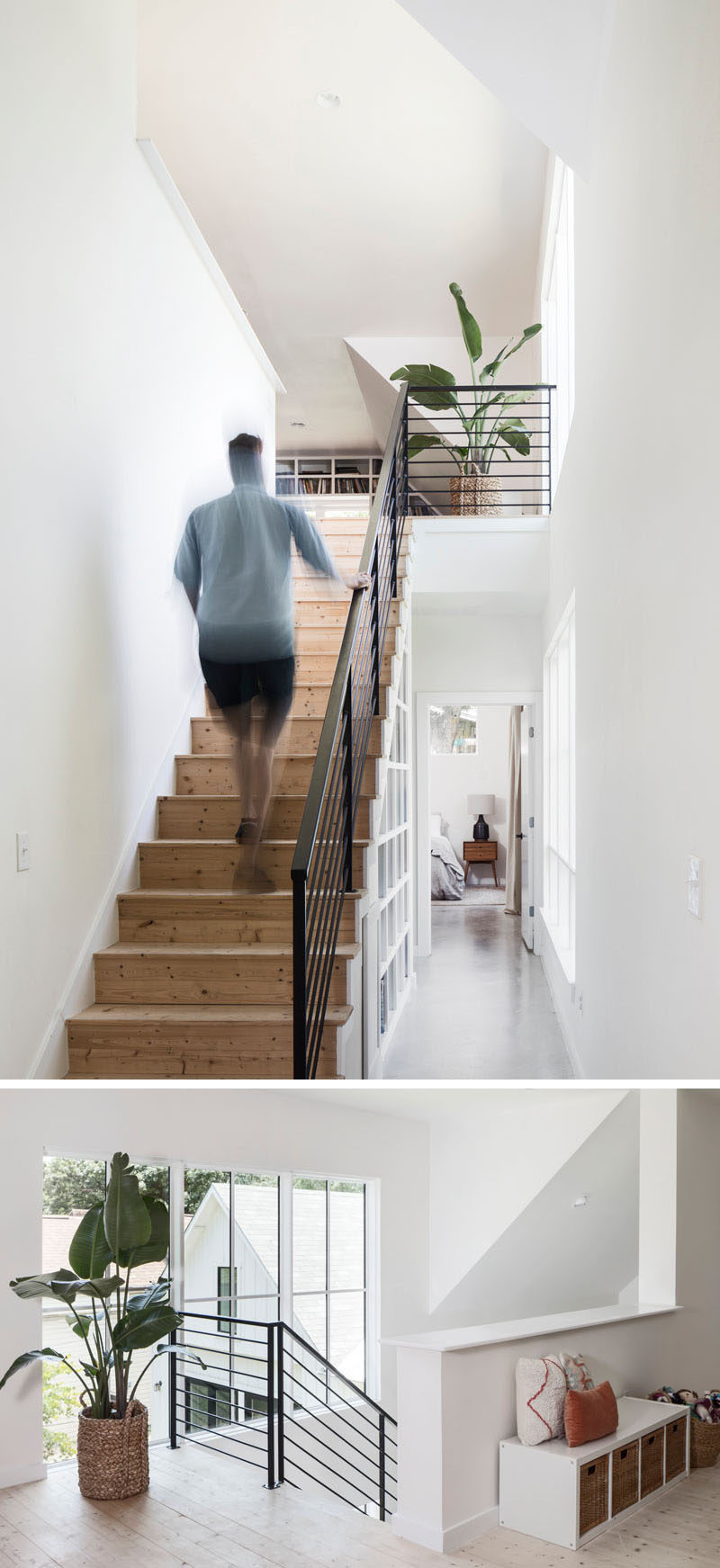 These simple wood stairs with a black handrail lead to the upper floor of the home. #WoodStairs #BlackHandrail