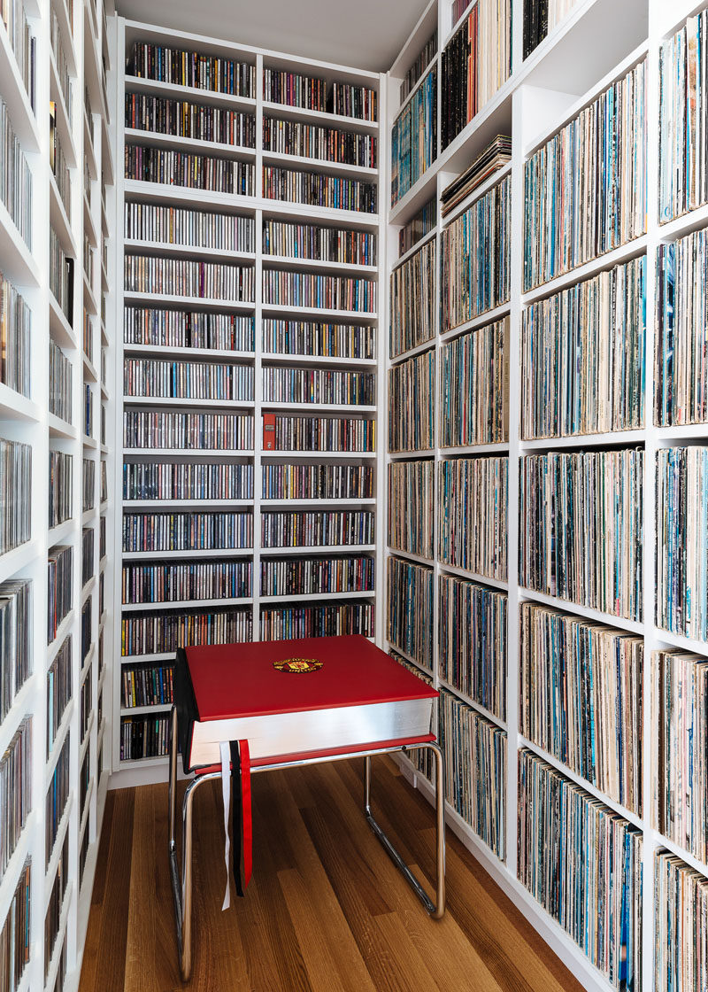 In this modern house, a small alcove has been custom designed to become a home for their extensive record collection. #Records #RecordStorage #Shelving