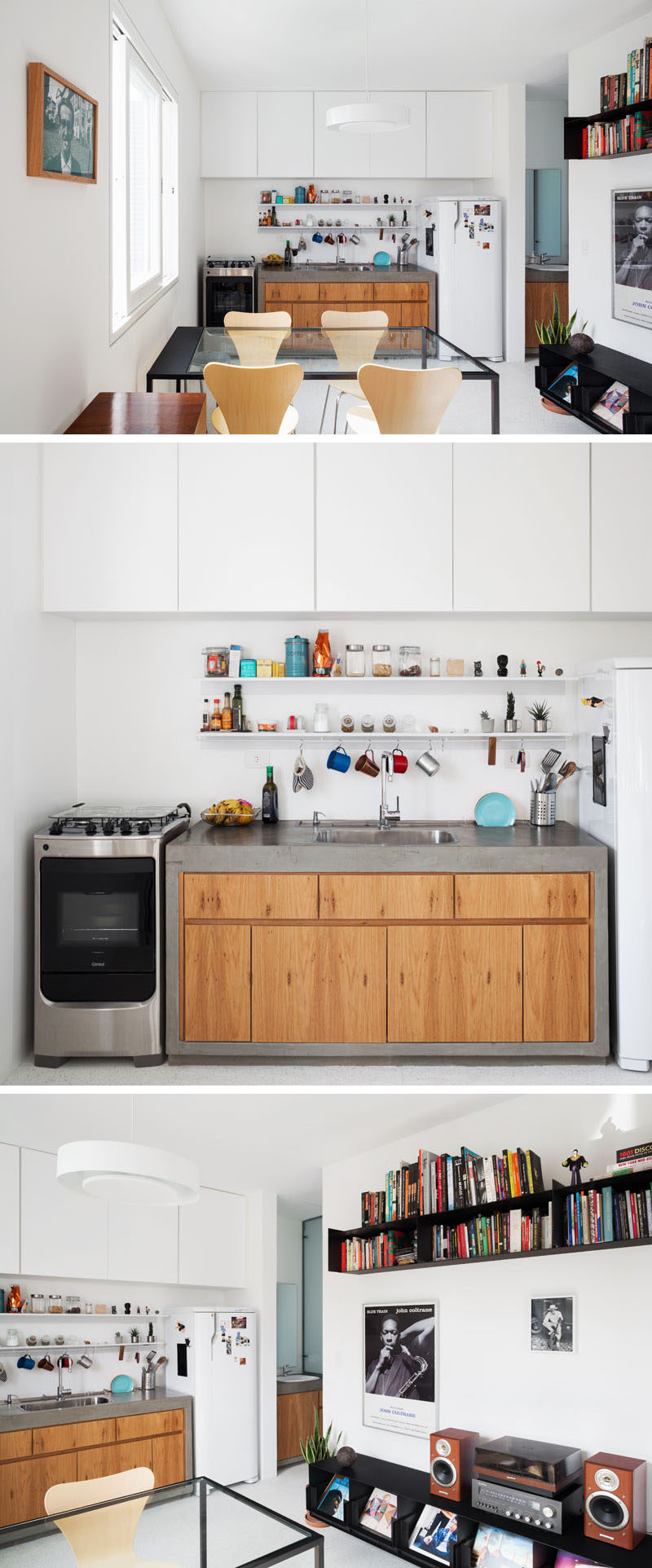 In this small kitchen, white upper cabinets reach all the way to the ceiling, while a concrete and wood kitchen unit is sandwiched between the stove/oven and the fridge. #KitchenDesign #SmallKitchen #ConcreteCounter