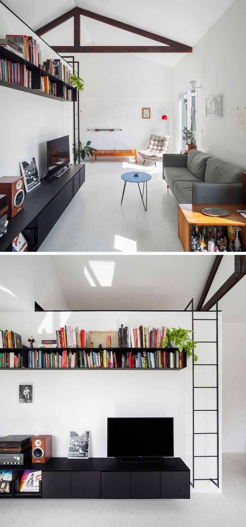 This modern living room features custom iron shelving that houses books, electronic devices and a collection of LPs. #Shelving #LivingRoom