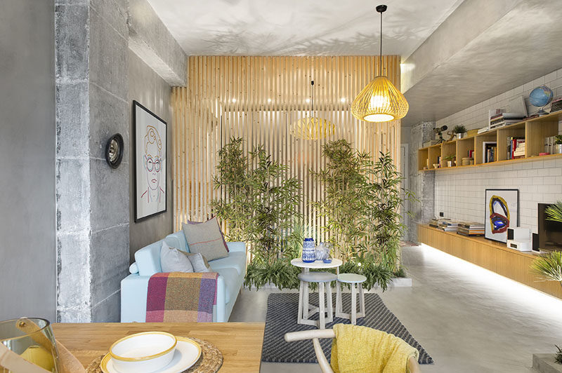 Egue y Seta designed a small apartment with wood slat walls for the bedroom that allow the light to travel through and make the interior feel larger. #WoodSlats #WoodWalls #InteriorDesign #LivingRoom