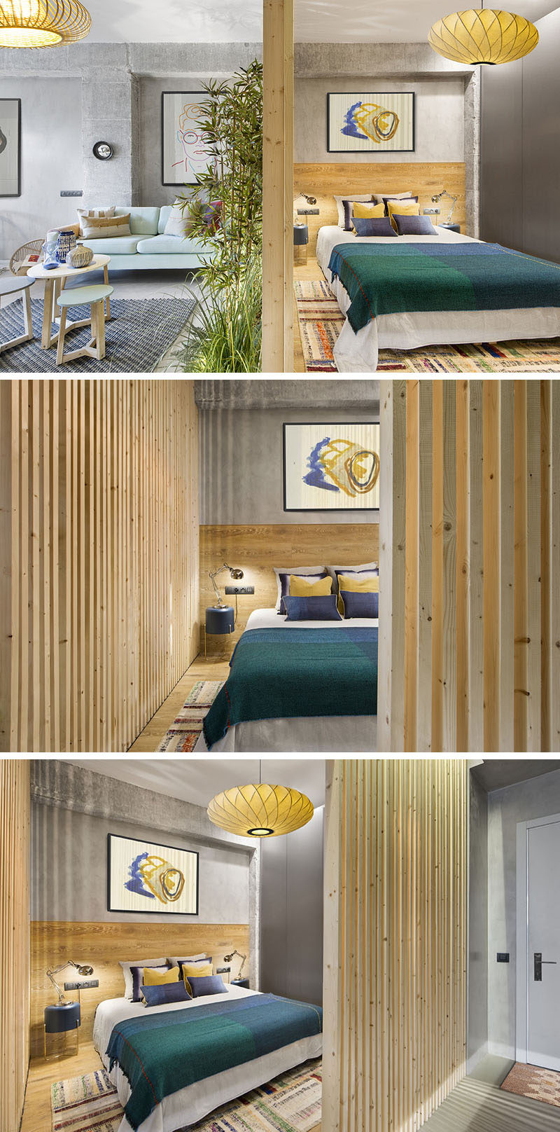 Egue y Seta designed a small apartment with wood slat walls for the bedroom that allow the light to travel through and make the interior feel larger. #WoodSlats #WoodWalls #InteriorDesign #Bedroom