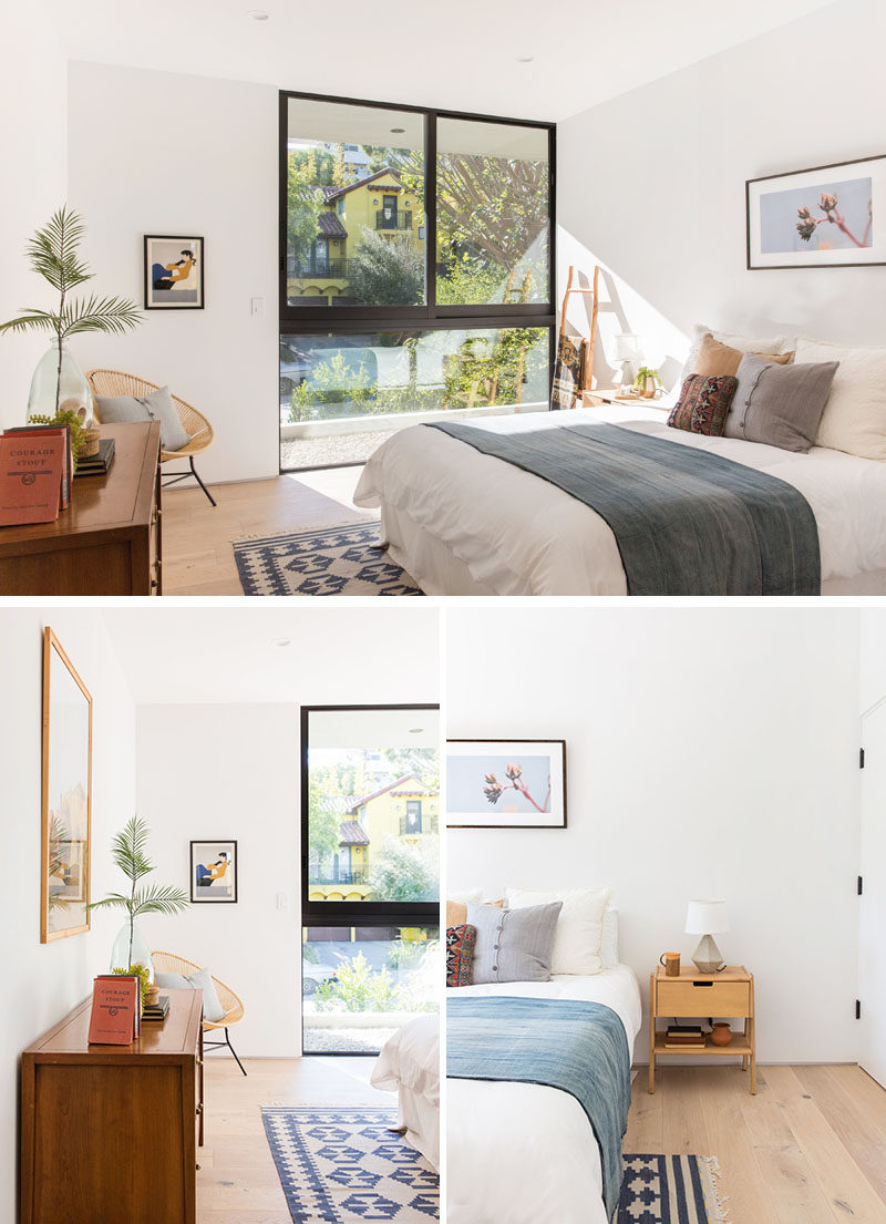 In this contemporary bedroom, black window frames contrast the white walls, while simple and neutral furnishings give the room a calm and relaxed atmosphere. #Bedroom