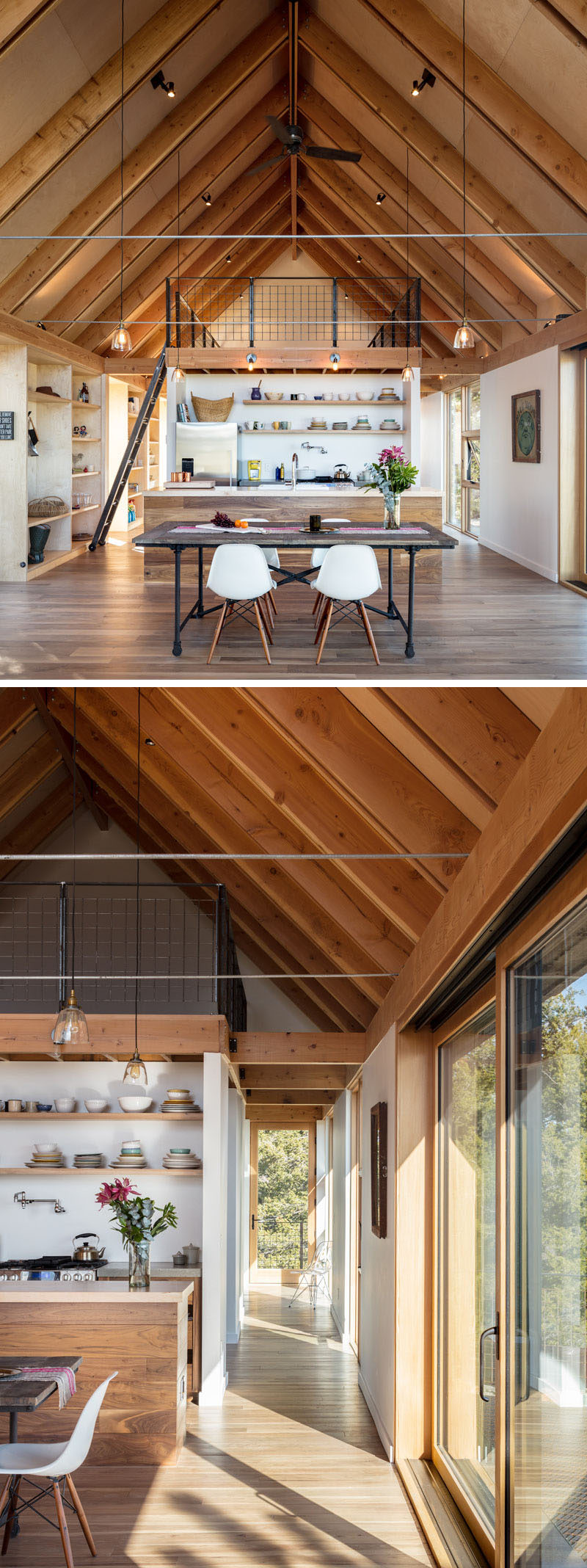 This modern cabin with a white kitchen has plywood interior walls and ceilings to keep the cabin low key and rustic. #ModernCabin #Kitchen