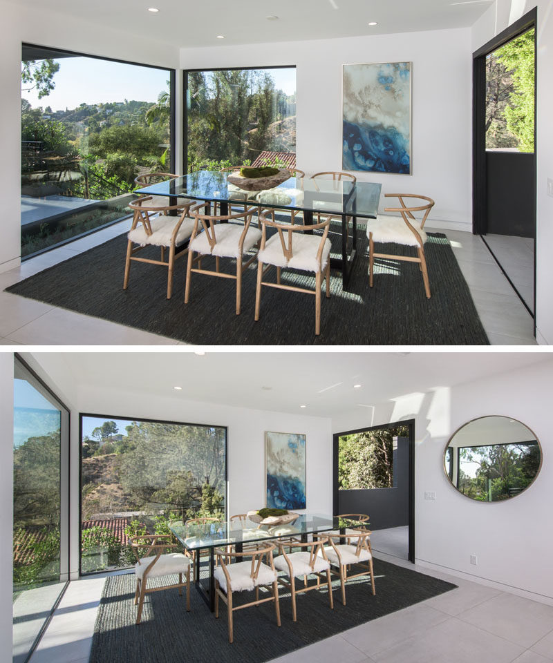 In this modern dining room, large picture windows provide tree views and act as secondary pieces of art. #DiningRoom #Windows