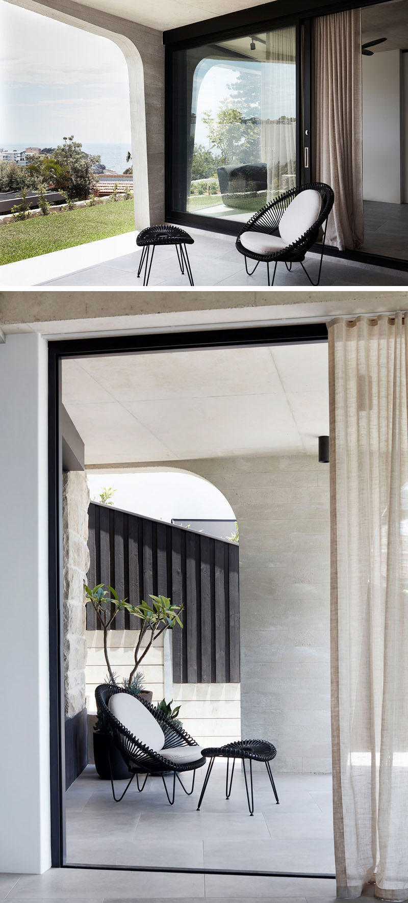 This modern concrete house has a small covered terrace that's positioned to take advantage of the ocean views. #Terrace