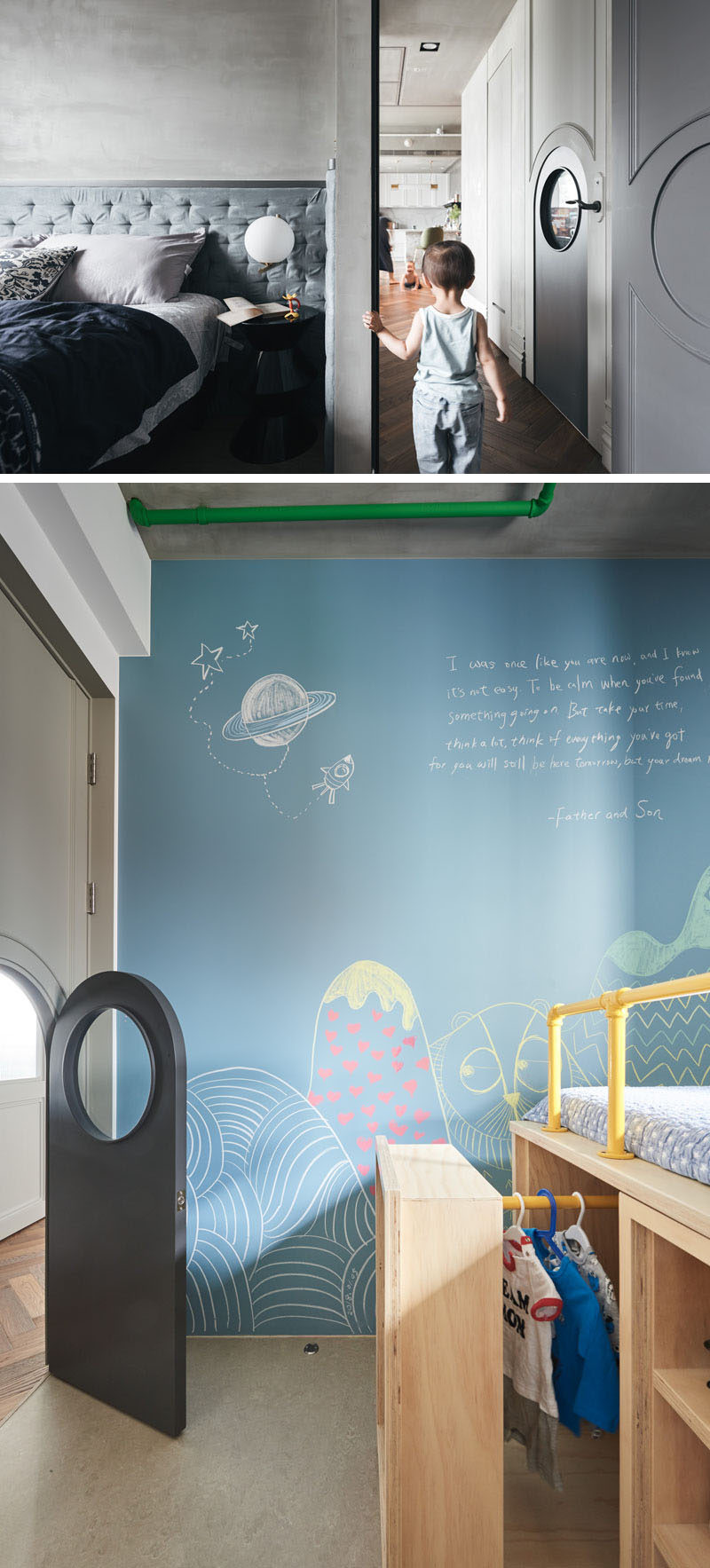 This kid's bedroom has a custom sized door within the door for the child to gain access to their room. #Door #KidsDoor