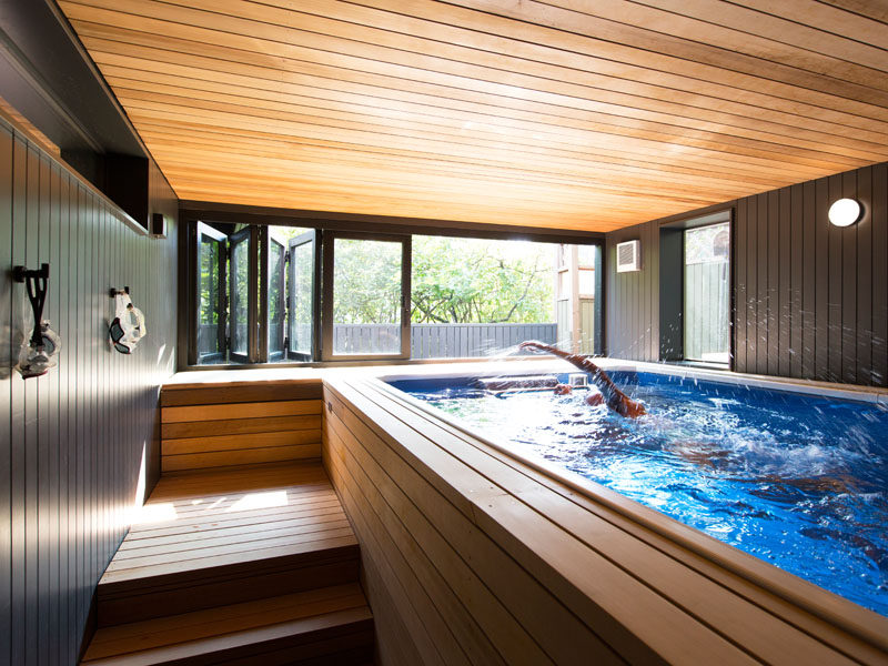 What was once an old tool shed has now been transformed into a space for an endless pool. #Pool #IndoorPool