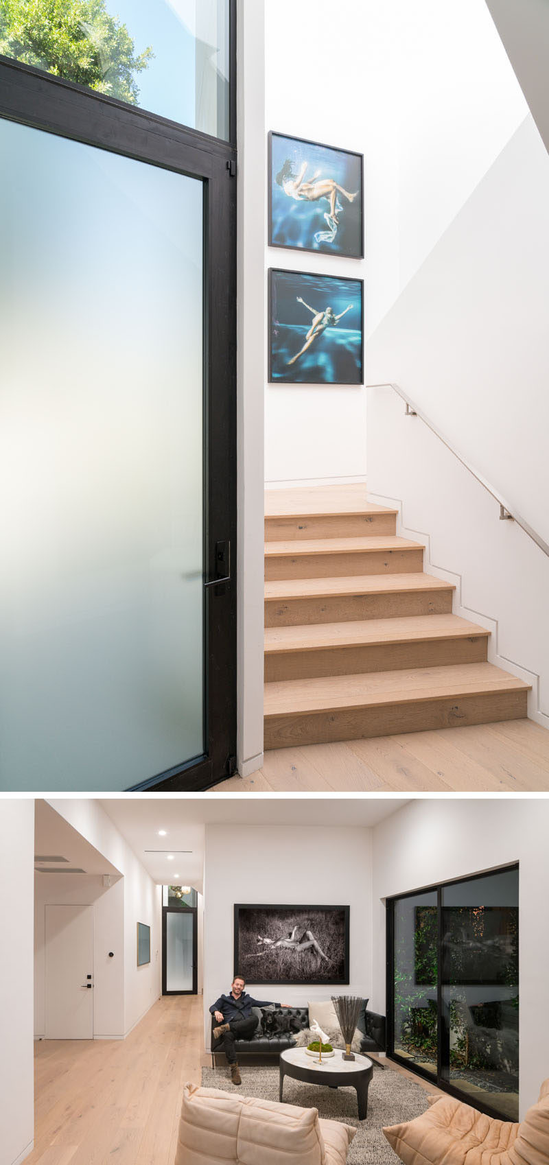 A frosted front door welcomes people to this modern house, and once inside, there's stairs that lead to the upper floor of the home, and a small sitting area. #FrontDoor #FrostedGlassDoor #SittingRoom