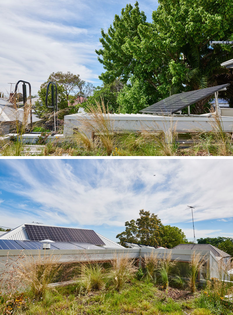 On the roof of this renovated house are some solar panels and an insulating green roof. #SolarPanels #GreenRoof