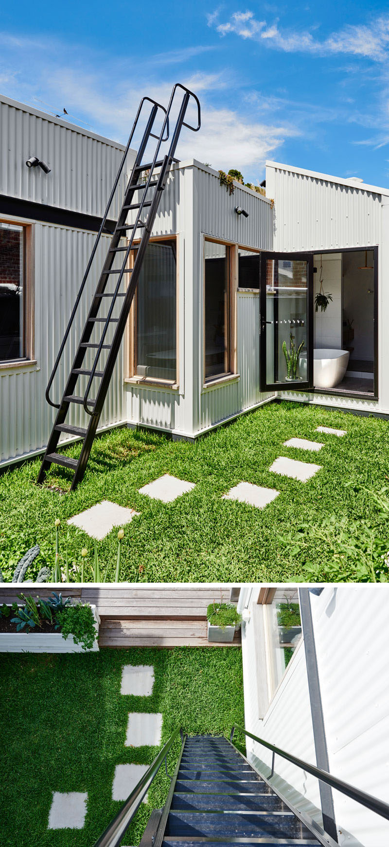 This renovated house has a small grassy area with stepping stones that lead to a steel ladder that goes up onto the roof. #Ladder #Landscaping