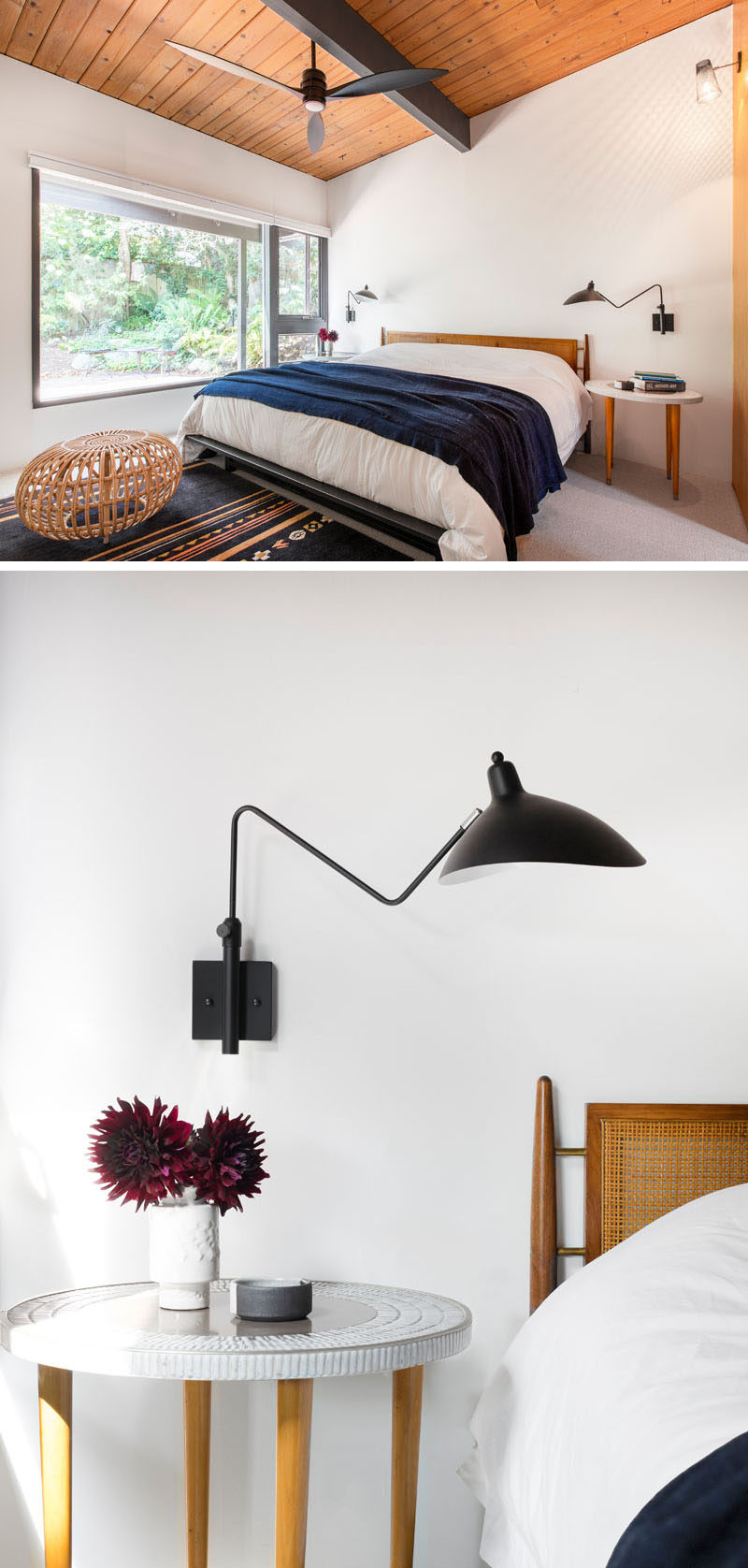 This mid-century modern bedroom features simple wood furniture and bedside wall lights. #MasterBedroom