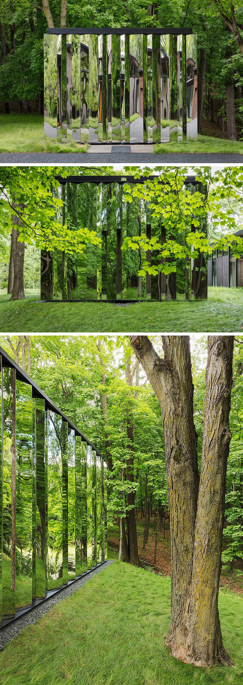 This modern detached out-building, or "shiny shed", has been designed for storage and it almost dissolves into the woods by showing reflections of its surroundings. #Shed #Mirrored #Architecture