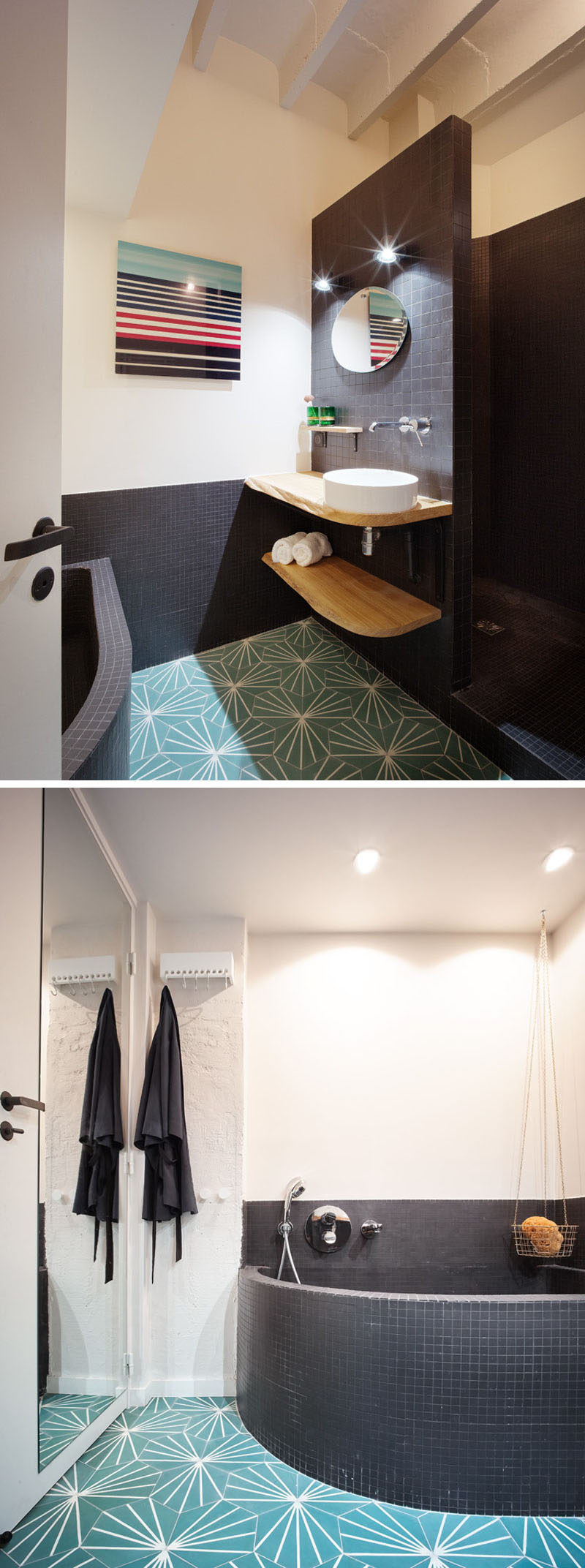 In this modern bathroom, black tiles and patterned colorful floor tiles have been used to break up the otherwise white room. #ModernBathroom