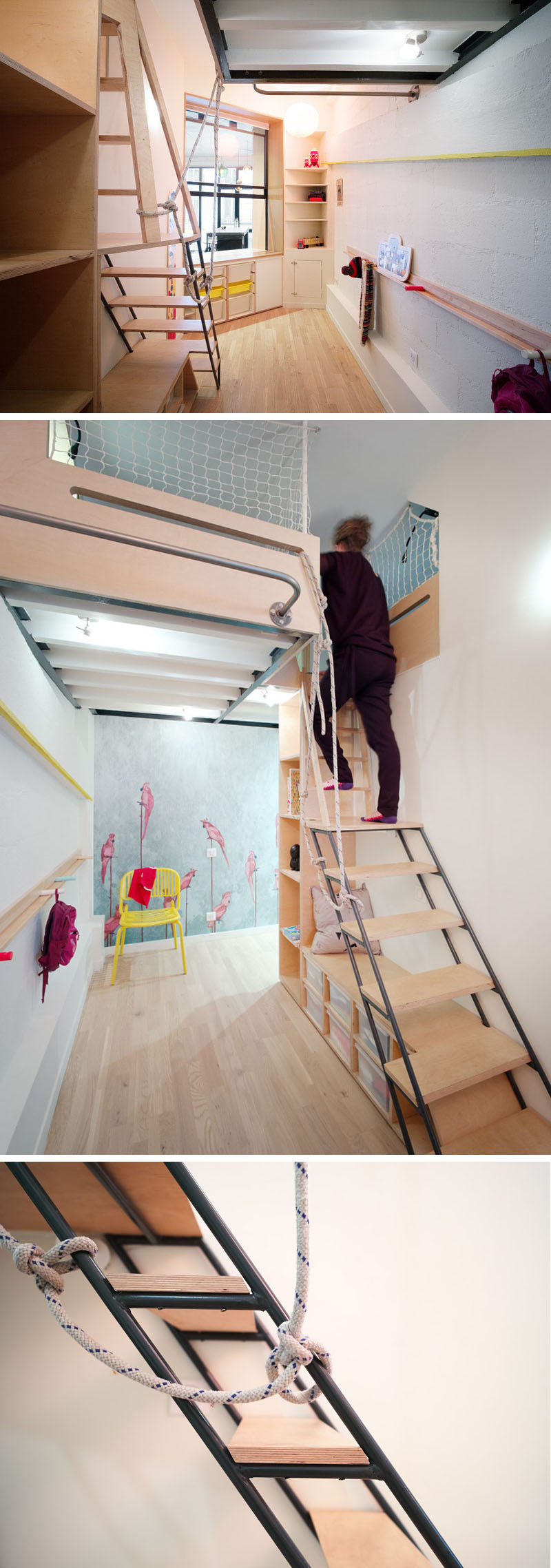 This kids bedroom has an open area with storage and a play space, while stairs lead up to the lofted bedroom space. #KidsBedroom #PlayArea #Stairs