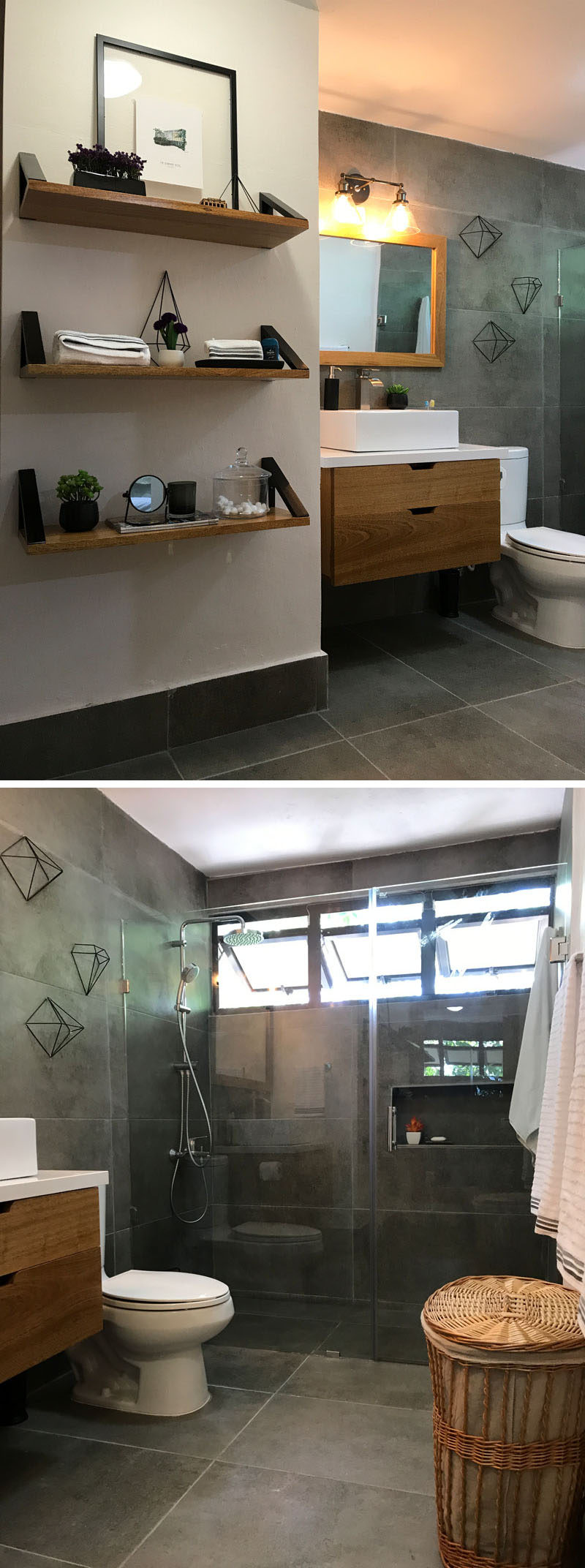 This modern renovated bathroom features concrete looking porcelain tiles in a large, rectangular format. The designer combined the tiles with natural wood tones to give the bathroom a modern touch, while achieving a calm color palette and overall feeling.  #DarkGreyBathroom #ModernBathroom #RenovatedBathroom