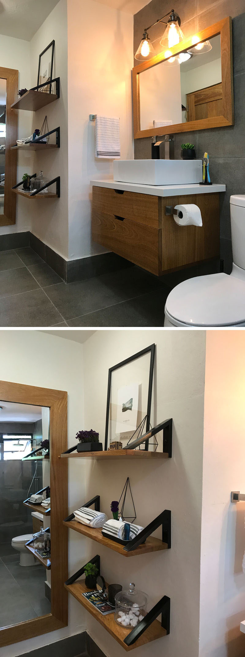 This modern bathroom features custom designed shelving, mirrors and a floating vanity. #ModernBathroom #Shelving