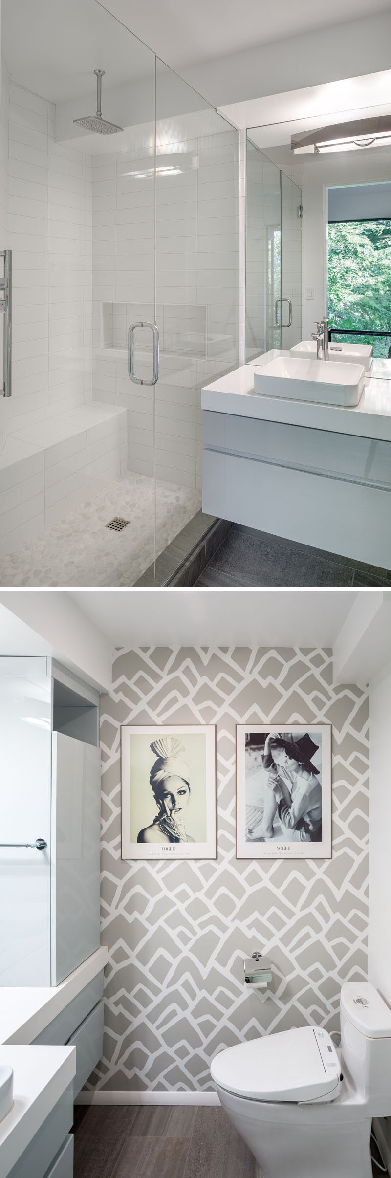 This contemporary bathroom has custom cabinetry with a high gloss automotive paint finish in dove gray. Other design highlights of the bathroom include an organic pebble floor for the shower and bold graphic wallpaper. #ContemporaryBathroom #BathroomDesign