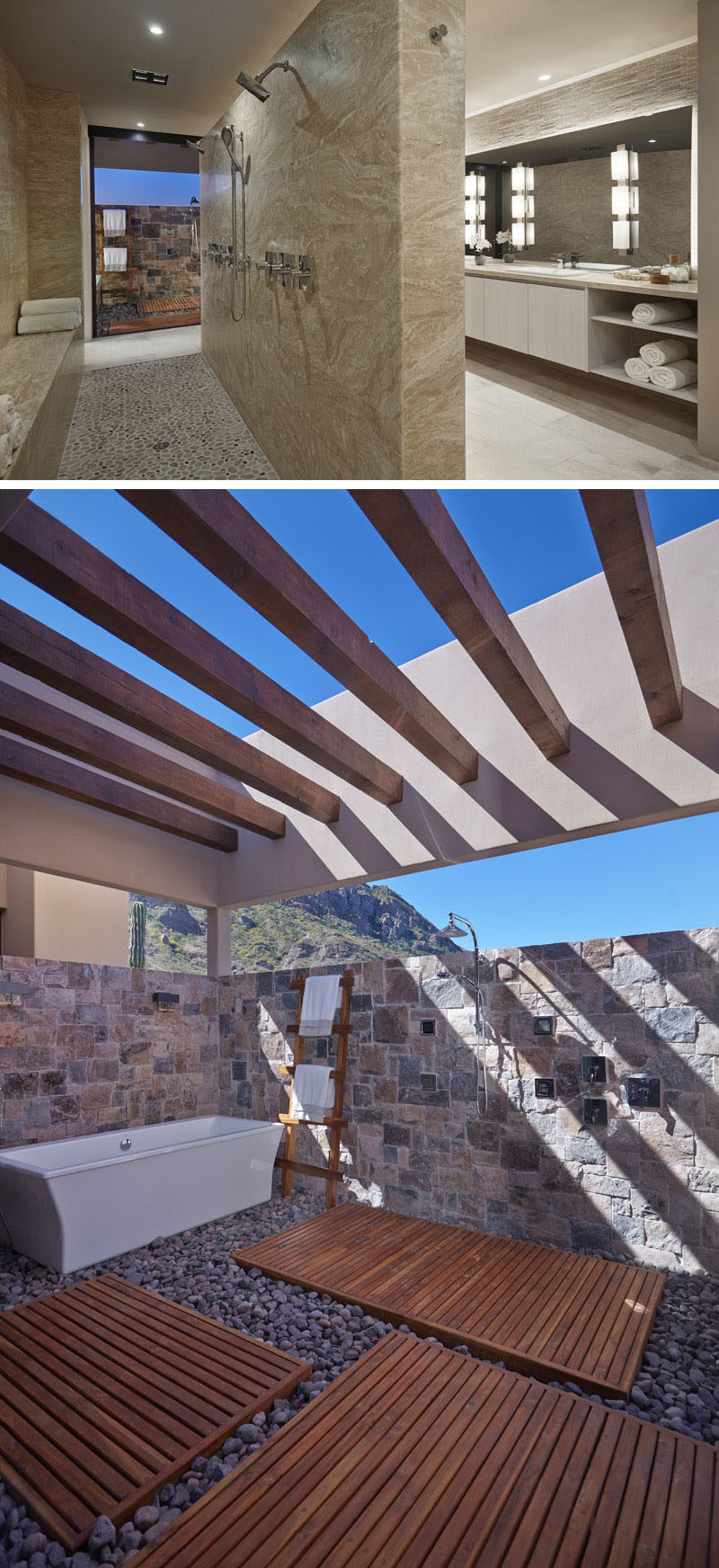 In this modern master bathroom, there's a dividing wall that's home to multiple shower heads, while outside, there's a bathtub sitting on pebbles and surrounded by stone walls for privacy, however its open to the elements. #OutdoorBathtub #MasterBathroom #BathroomDesign