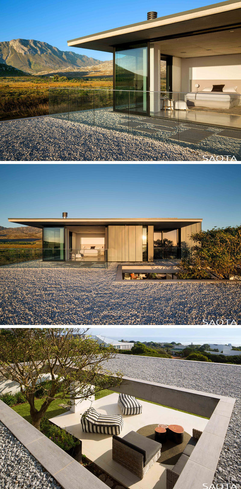 This modern master bedroom opens up to the roof to take advantage of the views. #Architecture #ModernHouse