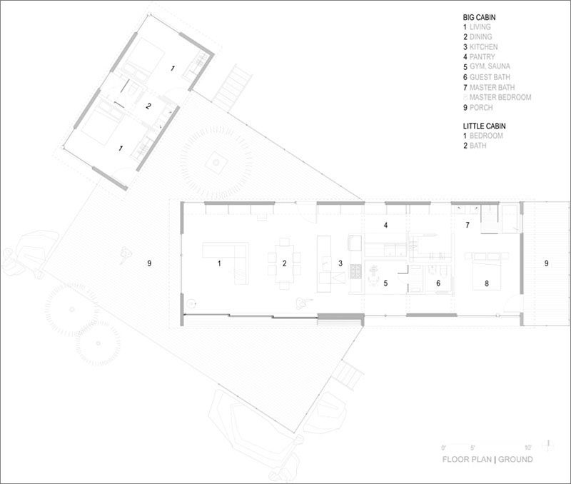 Renée del Gaudio Architecture have designed Big Cabin | Little Cabin in Fairplay, Colorado, that consists of two cabins perched atop a rocky cliff at 10,000 feet. #FloorPlan #ModernCabin