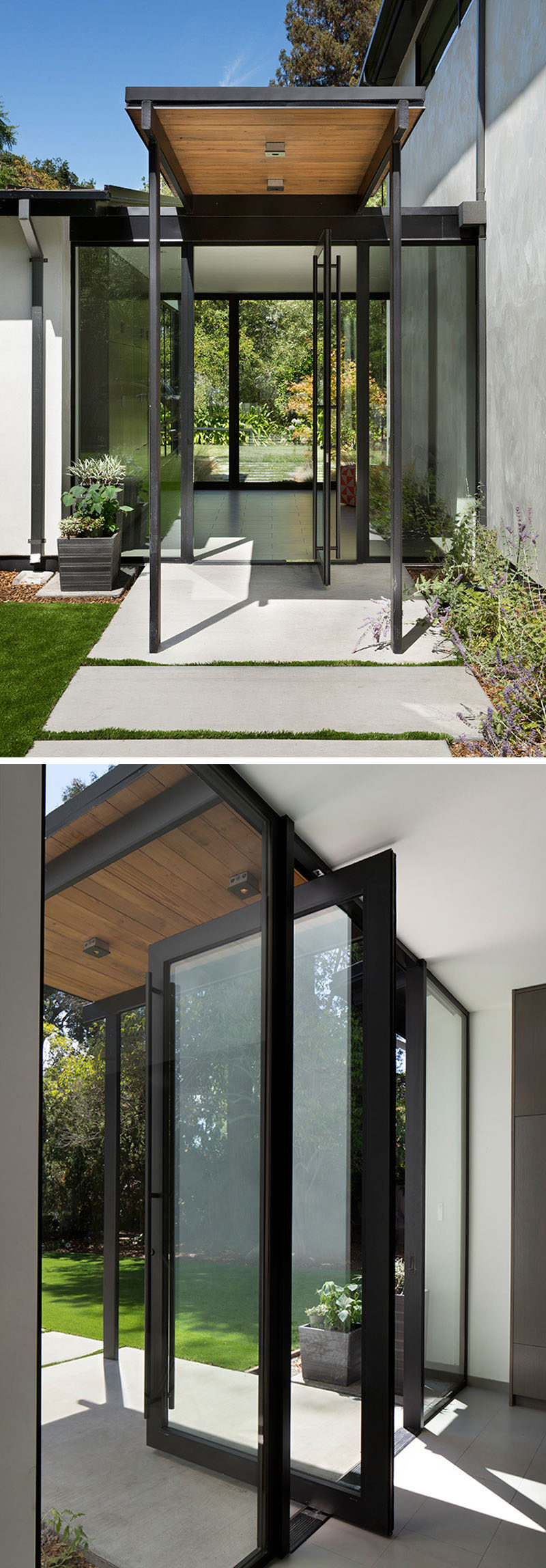 Welcoming guests to this modern house is a pivoting glass front door with black frames and hardware. #PivotingDoor #GlassFrontDoor #FrontDoor