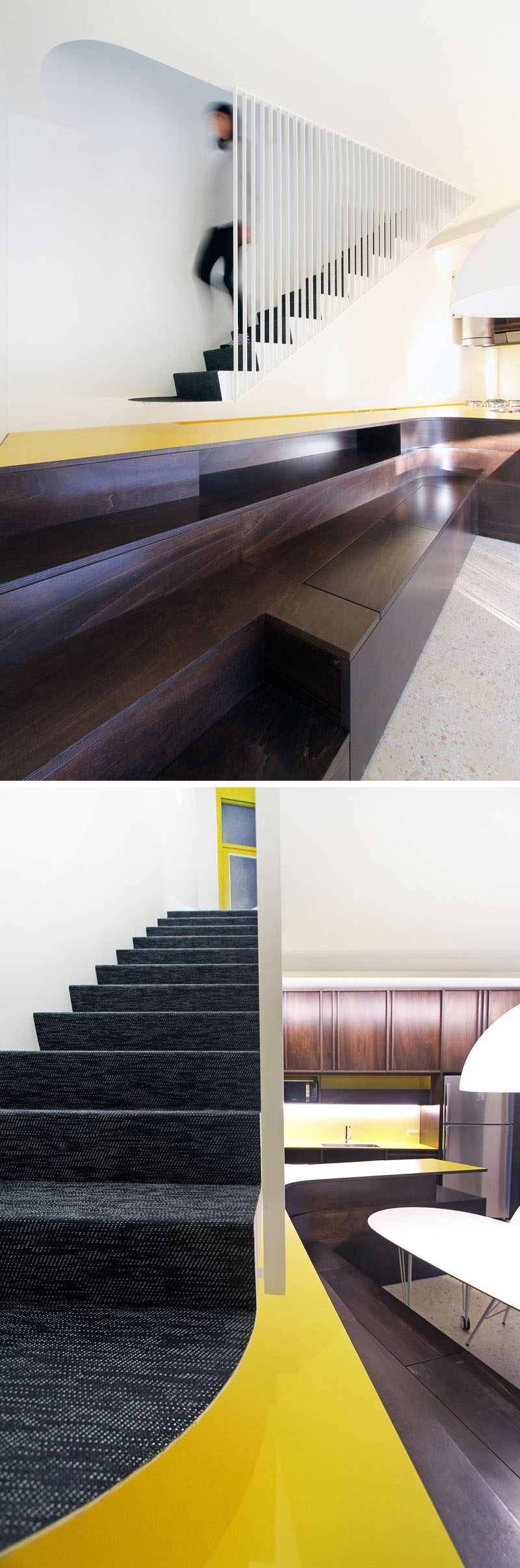 Architect Francesca Perani and Bloomscape Architecture have designed modern stairs that are accessed via the extended kitchen countertop and a built-in bench in the dining area. #Stairs #Staircase