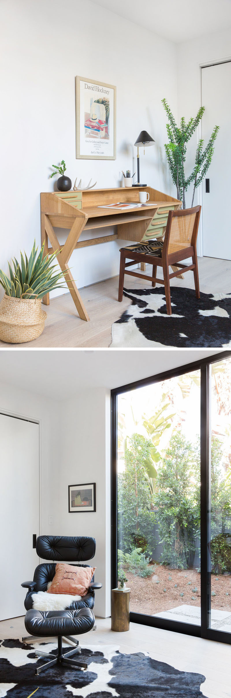 This mid-century modern inspired home office set up with a desk, a few plants and an Eames Lounge Chair. #HomeOffice