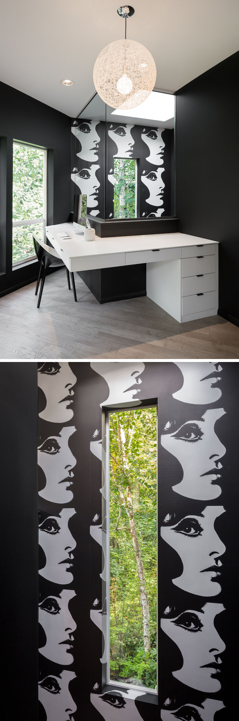 This home office features a custom corian desk and black and white Phyllis Morris Superstar wallpaper. #HomeOffice #ModernHomeOffice