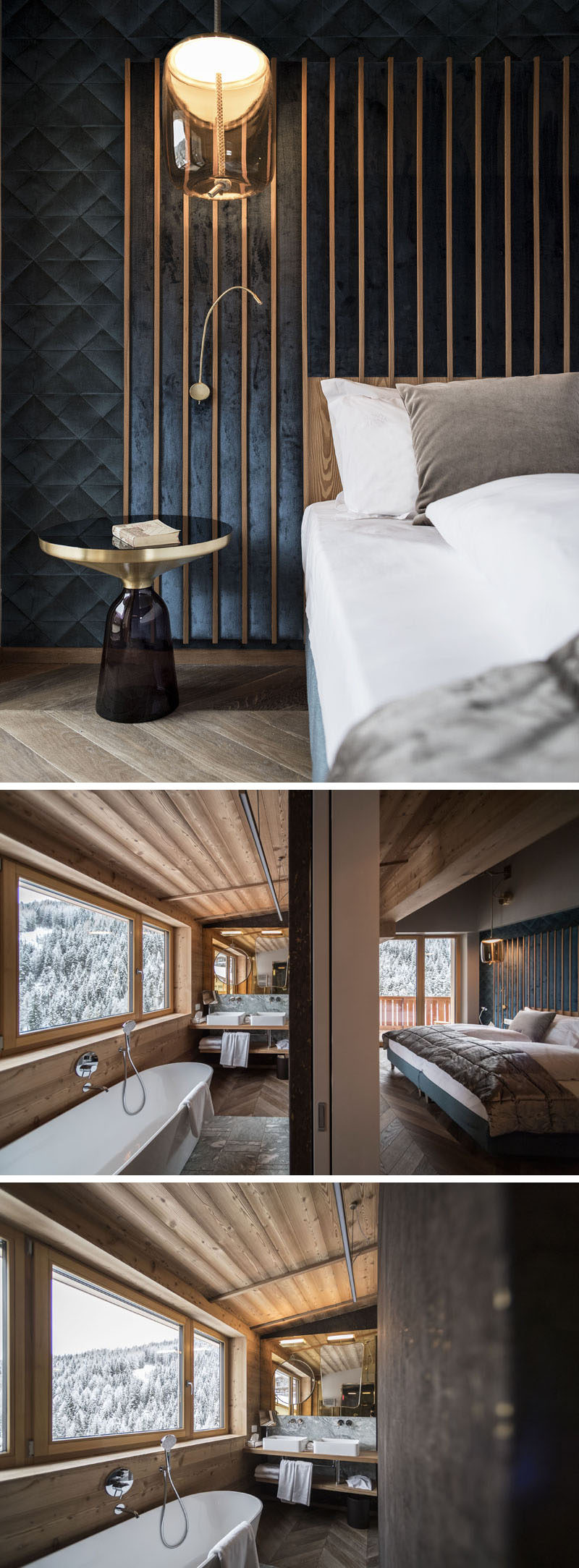 In this modern hotel suite, wood slats with padded fabric make up the bed headboard, while in the bathroom, there's a freestanding bathtub that sits below the windows. #HotelSuite #BedroomInspiration #Bathroom