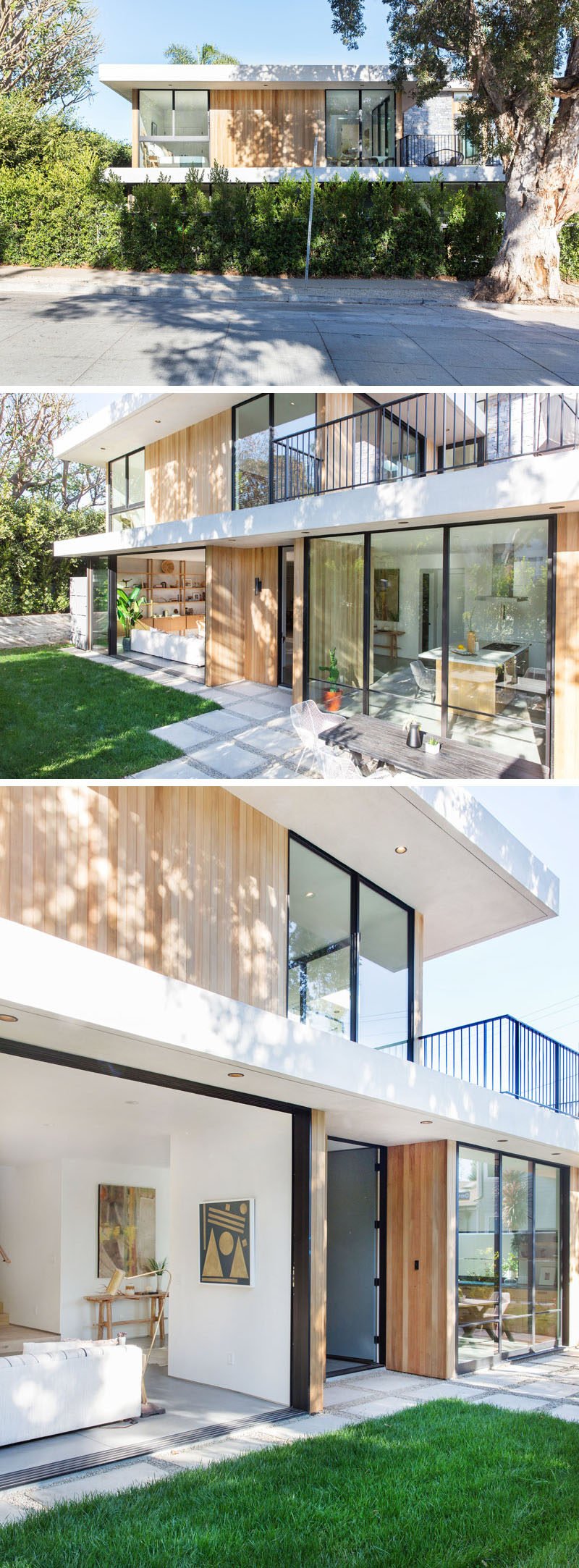 The exterior of this contemporary home is clad in bleached cedar and stucco, with a second story deck that breaks up the massing and relates to the corner at the second level. #ContemporaryHouse #HouseDesign #Architecture