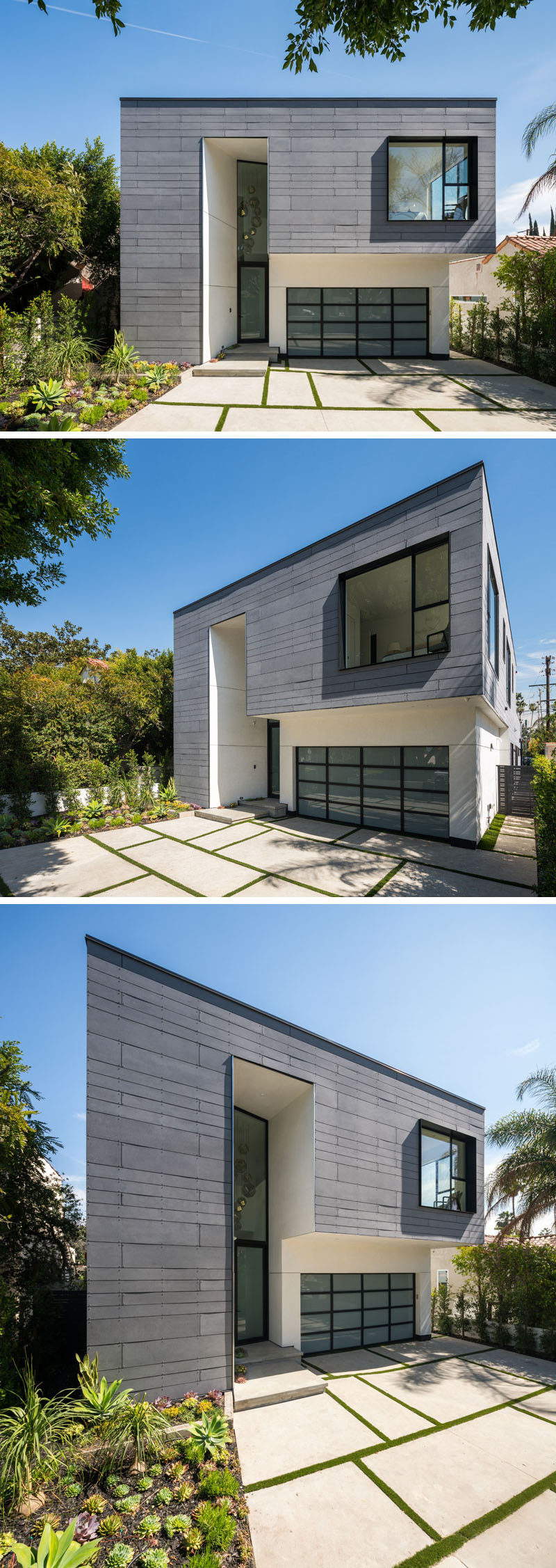 The exterior of this modern house has white stucco paired with gray Equitone fiber cement board panels to create a dramatic and eye-catching appearance on the street.