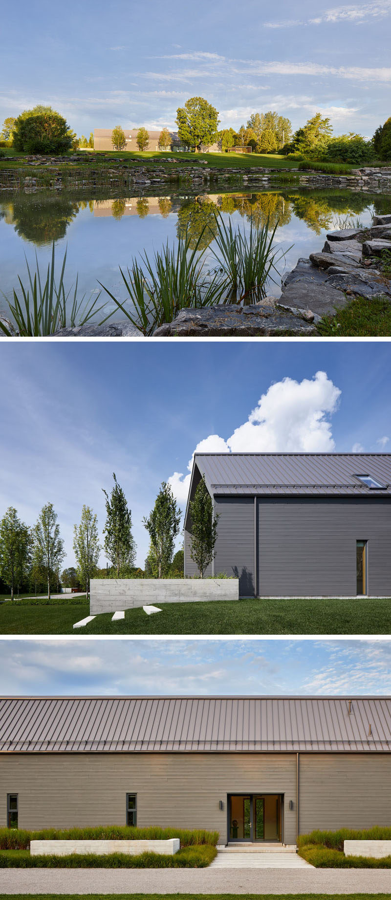 The exterior of this rural vacation house is clad in cedar siding that's been stained a soft charcoal to match the standing-seam gabled metal roof. #ModernArchitecture #VacationHouse